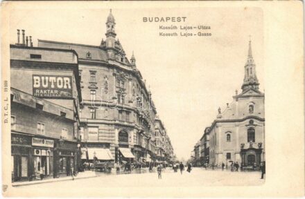 Budapest V. Kossuth Lajos utca, Bútor raktár itt e házban (Jégbüfé előtti állapotban), templom, dohány és szivar bolt, Nemzeti Szalon képkiállítása, Franke Pál, Spitzné üzlete