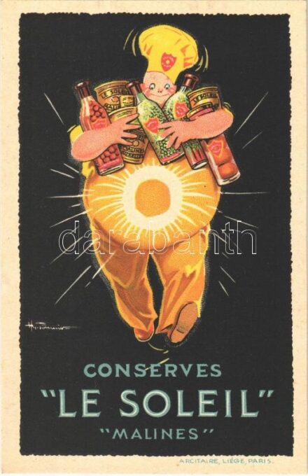 Conserves 'Le Soleil' 'Malines'. Arcitaire, Liege, Paris / French canned food advertisement, litho s: H. Fournier