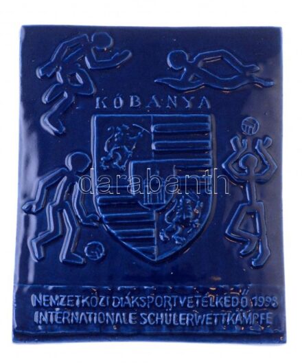 1998. 'Kőbánya - Nemzetközi Diáksportvetélkedő 1998 - Internationale Schülerwettkämpfe' mázas kerámaplakett dísztokban (102x120mm) T:1