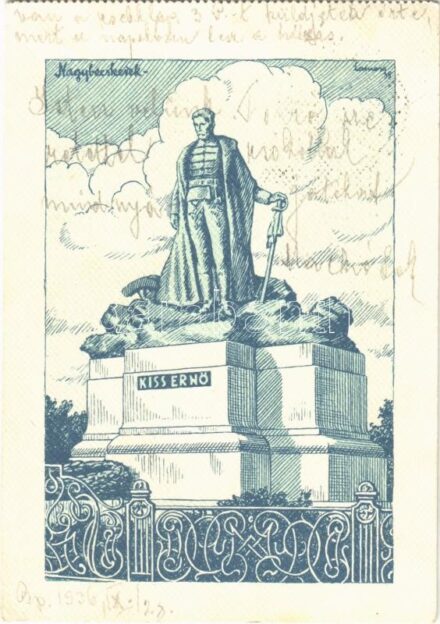 1936 Nagybecskerek, Zrenjanin, Veliki Beckerek; Kiss Ernő szobra. Kiadja a Délvidéki Egyetemi és Főiskolai Hallgatók Egyesülete / Hungarian irredenta propaganda, monument s: Lamoss (EK)