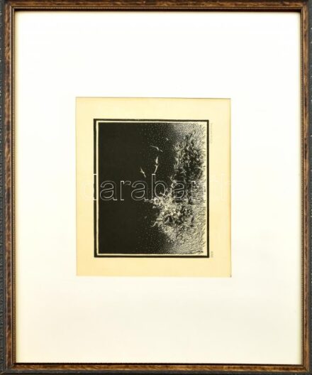 Rozanits Tibor (1931-): Cím nélkül. Linómetszet, papír, jelzett, számozott (50/8). Üvegezett fa keretben, 15×19 cm