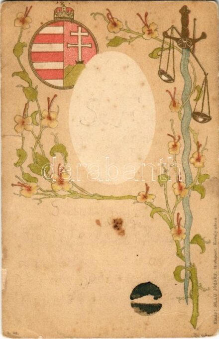 Magyar címeres szecessziós művészlap. Blau József 1. sz. / Hungarian coat of arms. Art Nouveau, floral, litho s: Basch Árpád (b)