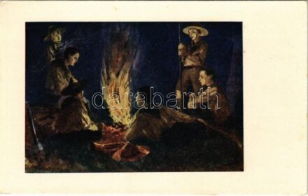 Tábortűznél. Cserkész művészlap. A Magyar Lapvállalat kiadása. Apostol nyomda / Hungarian boy scout art postcard, campfire s: Györgyfy Gy. (EK)