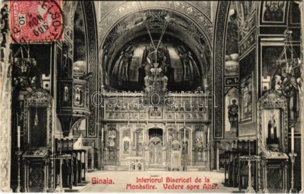 1909 Sinaia, Interiorul Bisericei de la Monastire. Vedere spre Altar / Romanian Orthodox monastery's church, interior with altar. Editura Ad. Maier & D. Stern. Fotogr. A. Duschek. TCV card (fa)