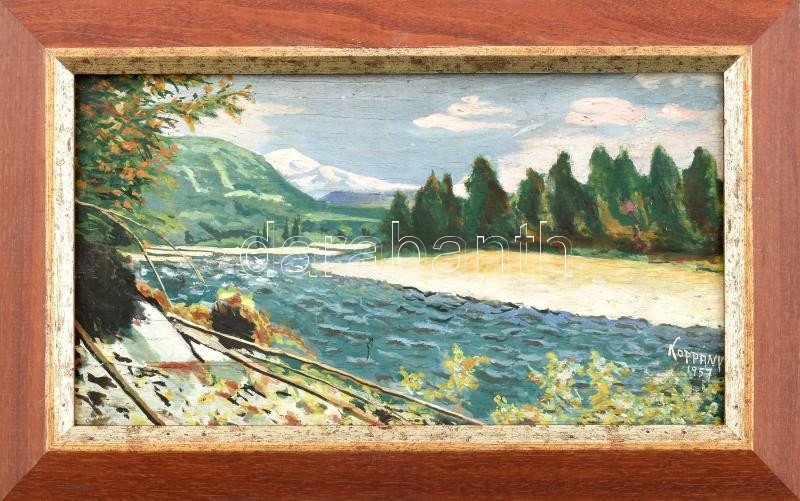 Koppány 1957 jelzéssel: Folyam. Olaj, rétegelt falemez. 20x36 cm Sérült. Kopott fakeretben.