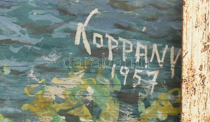 Koppány 1957 jelzéssel: Folyam. Olaj, rétegelt falemez. 20x36 cm Sérült. Kopott fakeretben. - Image 2