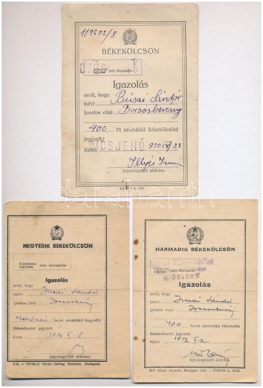 1950-1953. Békekölcsön igazolás (3xklf) T:III