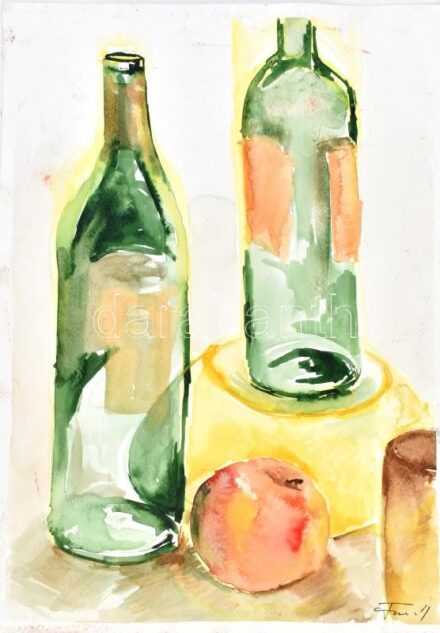 Olvashatatlan jelzéssel: Üvegek. Akvarell, papír, 26x36,5 cm