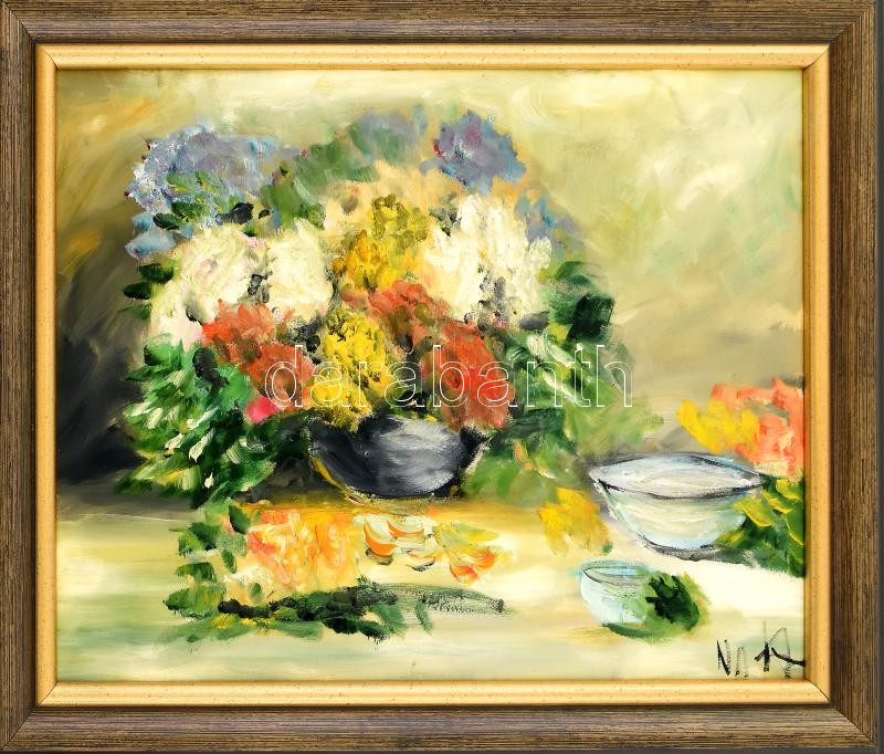 Várdombi Nagy Krisztián 'Kinva' (1976-): Csendélet. Olaj, farost, jelzett, keretben, 30×40 cm