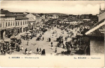 Szászrégen, Reghinul Sasesc, Reghin; Hetivásár, piac, K. & A. Mischinger, Eduard Rosler üzlete. Gustav Röster kiadása / Wochenmarkt / market, shops