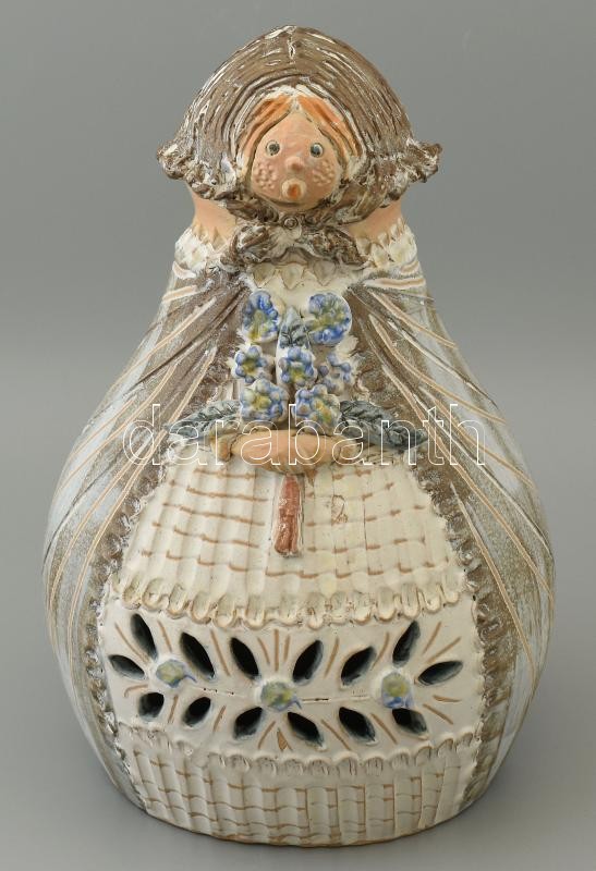 Kiss Roóz Ilona (1920-2010): Nagyméretű kendős nő, mázas kerámia, kézzel festett, jelzett, hibátlan, m:39 cm, d:26cm
