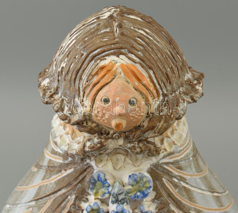 Kiss Roóz Ilona (1920-2010): Nagyméretű kendős nő, mázas kerámia, kézzel festett, jelzett, hibátlan, m:39 cm, d:26cm - Image 2