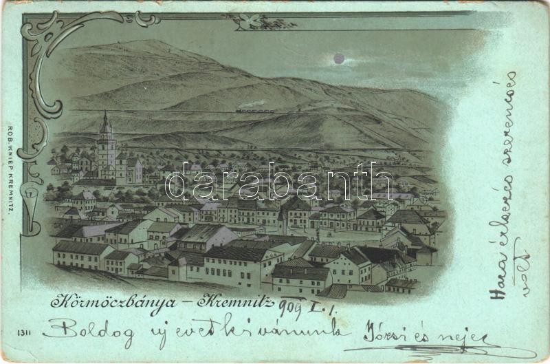 1909 Körmöcbánya, Kremnitz, Kremnica; látkép, vasútvonal, gőzmozdony / general view, railway line with locomotive, train. Rob. Kniep 1311. Art Nouveau, litho (EK)