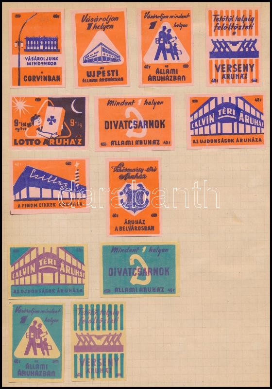 Áruházak és ipar 24 db gyufacímke papírlapra ragasztva