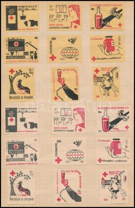 Vöröskereszt és szövetkezet 34 db gyufacímke papírlapra ragasztva