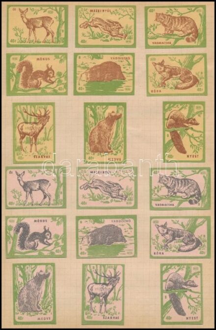 Állatok és áruházak 36 db gyufacímke papírlapra ragasztva
