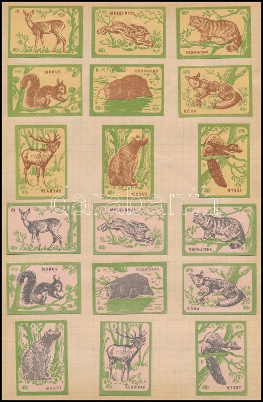 Állatok és áruházak 36 db gyufacímke papírlapra ragasztva