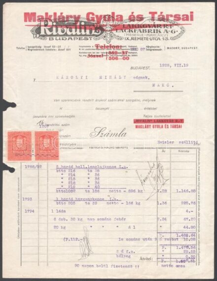 1928 Makláry Gyula és Társai Rivalin Lakkgyár Rt. fejléces számlája, illetékbélyegekkel