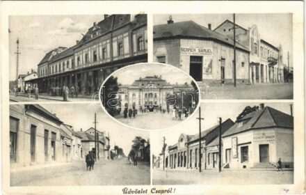 1941 Csap, Cop, Chop; vasútállomás, Kazinczy Sándor és Sermer Sámuel üzlete, utca, magyar katonák / railway station, shops, street view, Hungarian soldiers