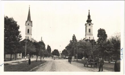 1941 Zsablya, Zsabja, Zabalj; utca, templomok, automobil, kerékpár. Bernhard Lipót kiadása / street view, churches, automobile, bicycle