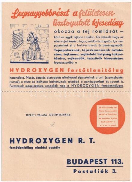 1941 Tisztít! Fertőtlenít! Szagtalanít! Rovarokat pusztít. Hydroxygen fertőtlenítőlúg reklámlapja / Hungarian disinfectant advertisement