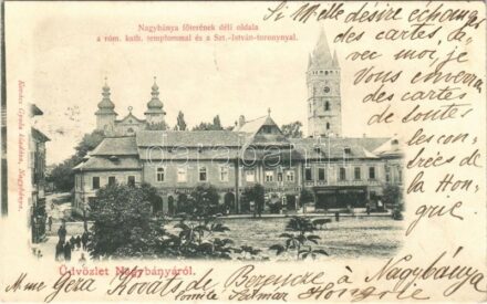 1901 Nagybánya, Baia Mare; Fő tér déli oldala, római katolikus templom, Szt. István torony, Pusztay, Klein, Wienerberger és Glavitzky, Hanzulovics K. üzlete, gyógyszertár / main square, church, tower, shops, pharmacy