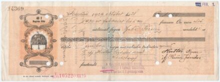 Szántód 1929. kitöltött váltó okmánybélyegekkel, bélyegzésekkel, lyukasztással érvénytelenítve T:III