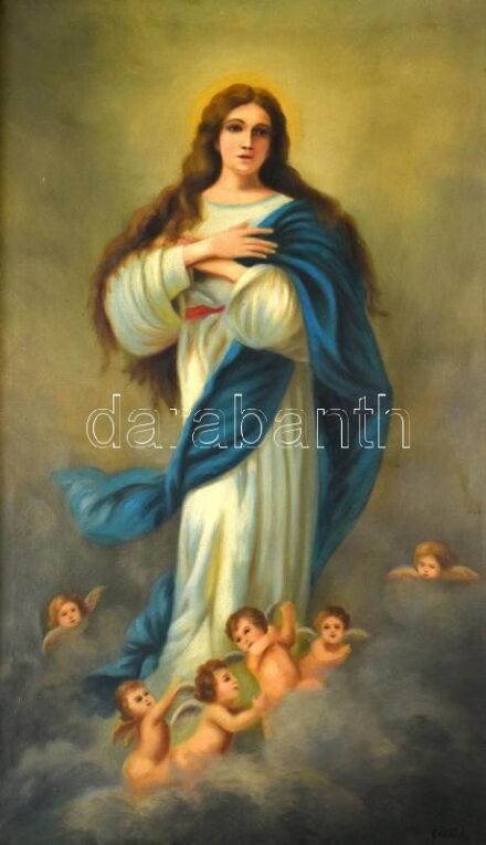 Gombás (?) jelzéssel, feltehetően a XX. sz. közepén működött magyar festő munkája: Madonna puttókkal. Olaj, vászon. Dekoratív, sérült keretben. 100x60 cm