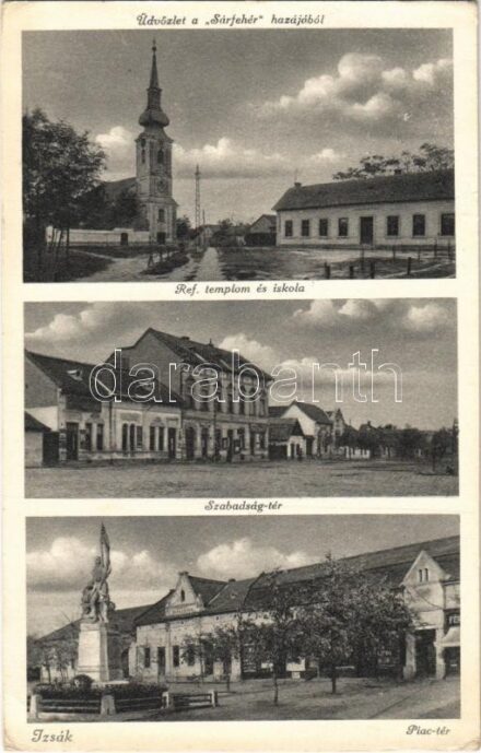 1938 Izsák, Református templom és iskola, Szabadság tér, Piactér, Olvasókör, üzletek, Hősök szobra, emlékmű (Rb)
