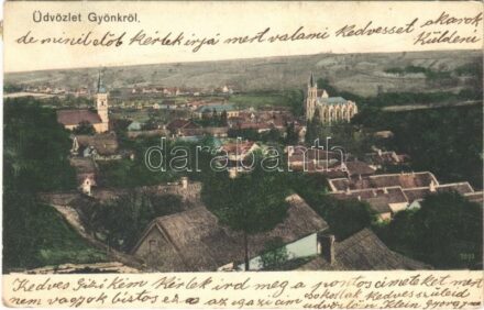 1906 Gyönk, látkép, templomok (EK)