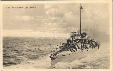 SMS Wildfang az Osztrák-Magyar Haditengerészet Huszár-osztályú rombolója. Hátoldalon litho zászló / K.u.K. Kriegsmarine SM Torpedoboot Zerstörer Wildfang / Austro-Hungarian Navy Huszár-class torpedo destroyer SMS Wildfang. Phot. Alois