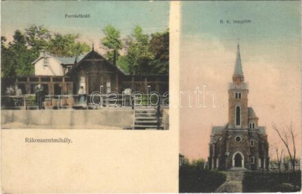 Budapest XVI. Rákosszentmihály, Forrásfürdő, Római katolikus templom. Szűcs Győző kiadása (EK)