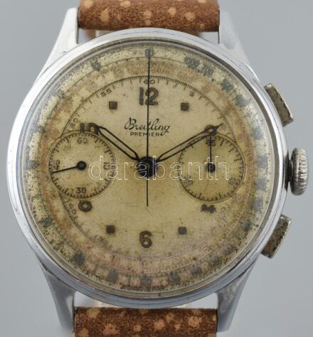 Breitling Premier kronográf kézi felhúzós férfi karóra. Eredeti számláppal (korrodált) Jelzett szerkezet. Működő, jó állapotban, fém tokkal, bőr szíjjal / Original vintage Breitling Premier chronograph with original dial. works