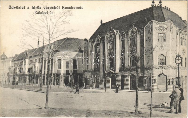 Kecskemét, Rákóczi út, Úri kaszinó, Városi bérpalota (Cifrapalota, szecessziós stílusú ház), Kovács Jenő üzlete. Fekete Gyula kiadása / Art Nouveau style palace