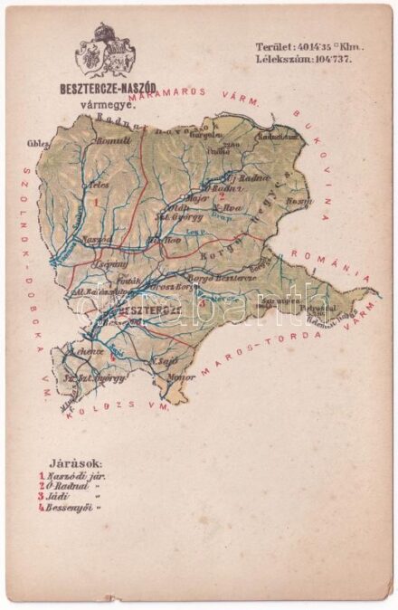 Beszterce-Naszód vármegye térképe. Kiadja Károlyi Gy. / Map of Bistrita-Nasaud county (apró szakadás / tiny tear)