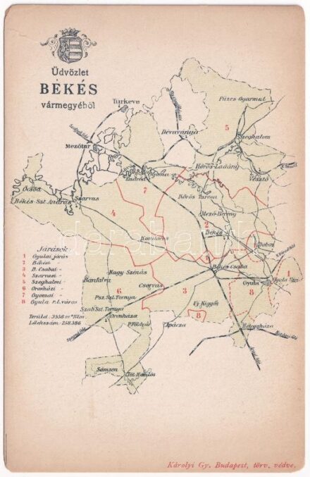 Békés vármegye térképe. Kiadja Károlyi Gy. / Map of Békés county