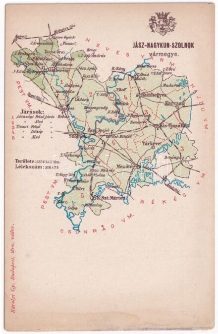 Jász-Nagykun-Szolnok vármegye térképe. Kiadja Károlyi Gy. / Map of Jász-Nagykun-Szolnok county