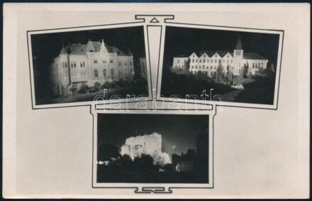 cca 1938-40 Lévai részletek éjszaka(Vármegyeháza, várromok stb.), Hajdú Sándor (1905-1992) lévai fényképész felvételei, hátoldalán pecséttel jelzett vintage fotólap, 9x14 cm / cca 1938-1940 Levice at night, vintage photocard with