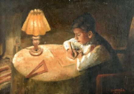 Gombár jelzéssel: Kisfiú lámpafényben. Olaj, vászon. Fa keretben. 49,5x69,5 cm