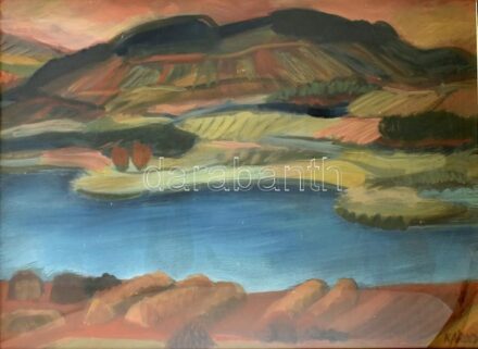 Károlyi Ernő (1923 -2016): Tihanyi Belső-tó (Balaton), 1960-as évek. Olaj, farost, jelzett. Hátoldalán autográf felirattal és Képcsarnok Vállalat címkéjével. Üvegezett keretben, 60×80 cm