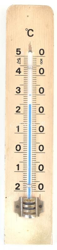 Hőmérő, fa alapon, kis hibákkal, h: 18 cm
