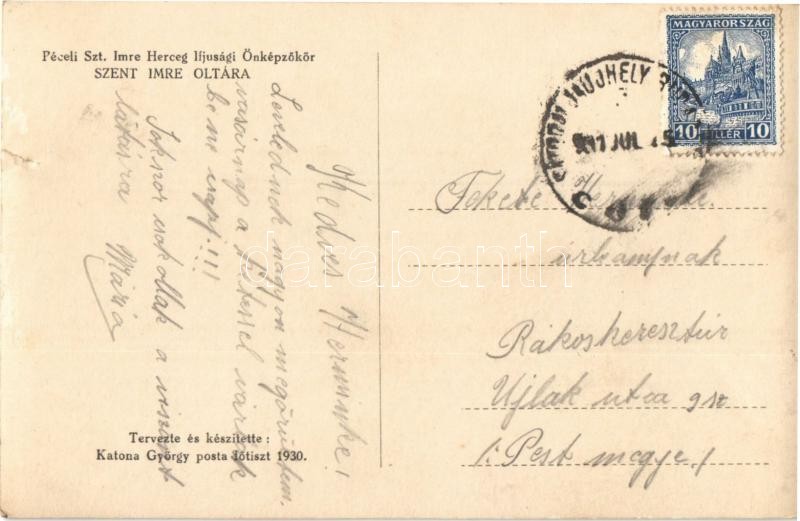 Pécel, Szt. Imre Herceg Ifjúsági Önképzőkör Szent Imre oltára. Tervezte és készítette: Katona György posta főtiszt 1930 (szakadás / tear) - Image 2