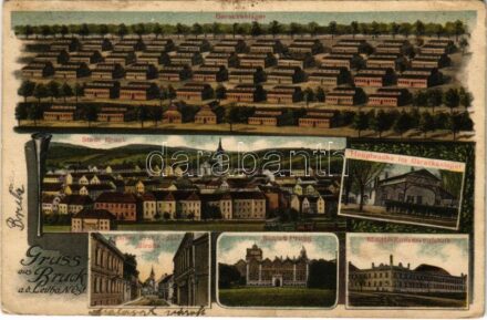 1912 Lajtabruck, Bruck an der Leitha; Barackenlager, Hauptwache, Schloss Prugg, Militär Konservenfabrik, Kaiser Franz Josef Strasse / laktanya, főőrség, kastély, katonai konzervgyár, utca / military barracks, main guard house and cannery (can