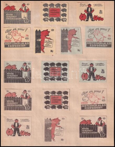 Sertéshizlalás, Május elseje, stb. gyufacímkék A4-es lap két oldalára ragasztva