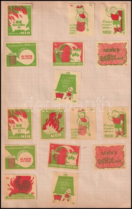 MÉH gyufacímkék A4-es lap két oldalára ragasztva