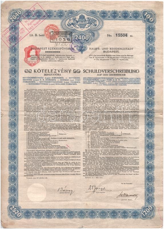 Budapest 1914. 'Budapest Székesfőváros - Kötelezvény' 2400K-ról szárazpecséttel, bélyegzésekkel T:III kis szakadások, folt