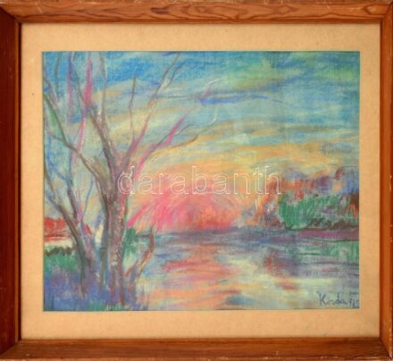 Korda (?) jelzéssel: Vízparti fények. Pasztell, papír, jelzett, üvegezett fa keretben, 26x37,5 cm