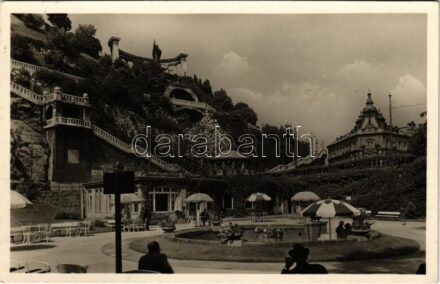 1935 Budapest I. Szent Gellért szobor, Gellérthegyi feljárat, Hungária és Attila gyógyforrások a Döbrentei térnél, Gellért Udvar