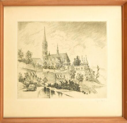 Olvashatatlan jelzéssel: Halászbástya, Budapest. Rézkarc, papír. Jelzett. Üvegezett fa keretben. 23,5x32,5 cm