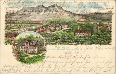 1905 Budapest XI. Kelenföld, Mattoni-féle Erzsébet Sósfürdő, villamos, villa. Posner litho